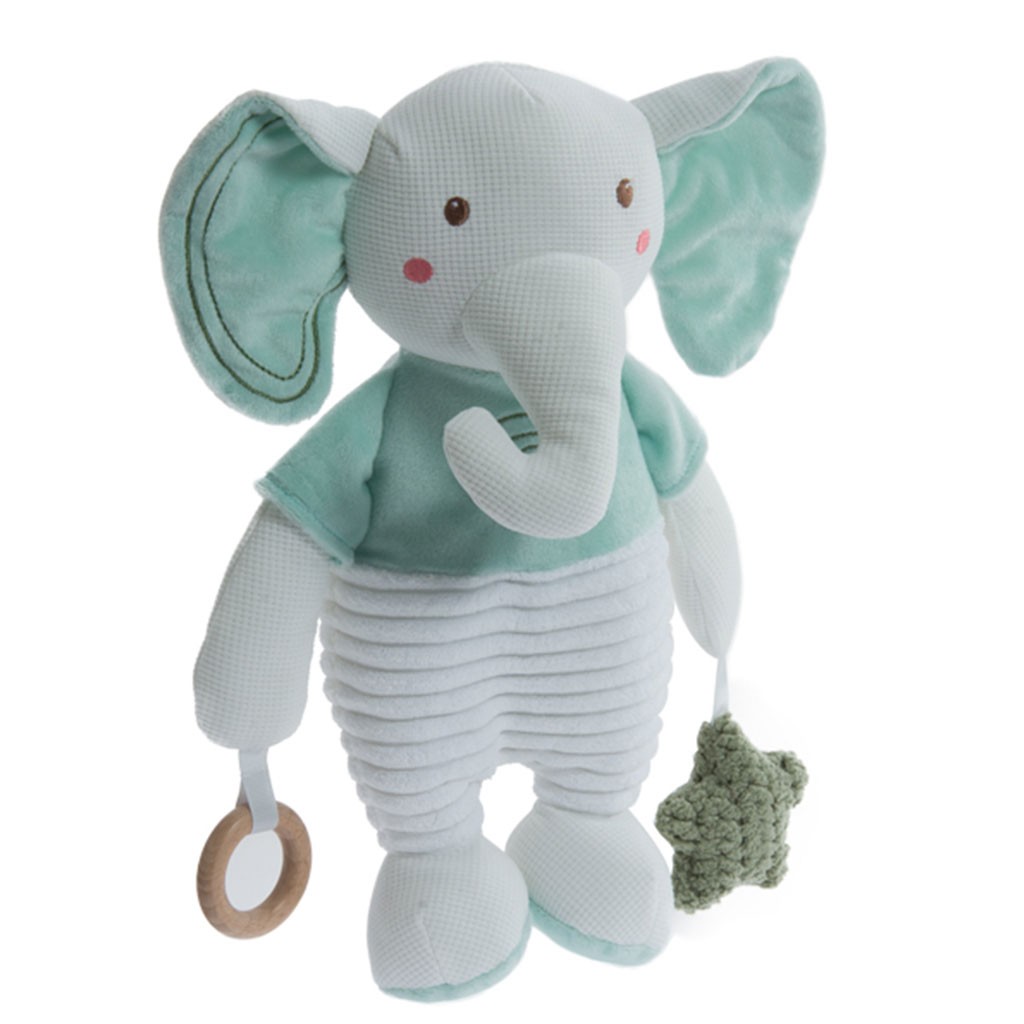 Elefante de peluche bebé com chocalho e mordedor.