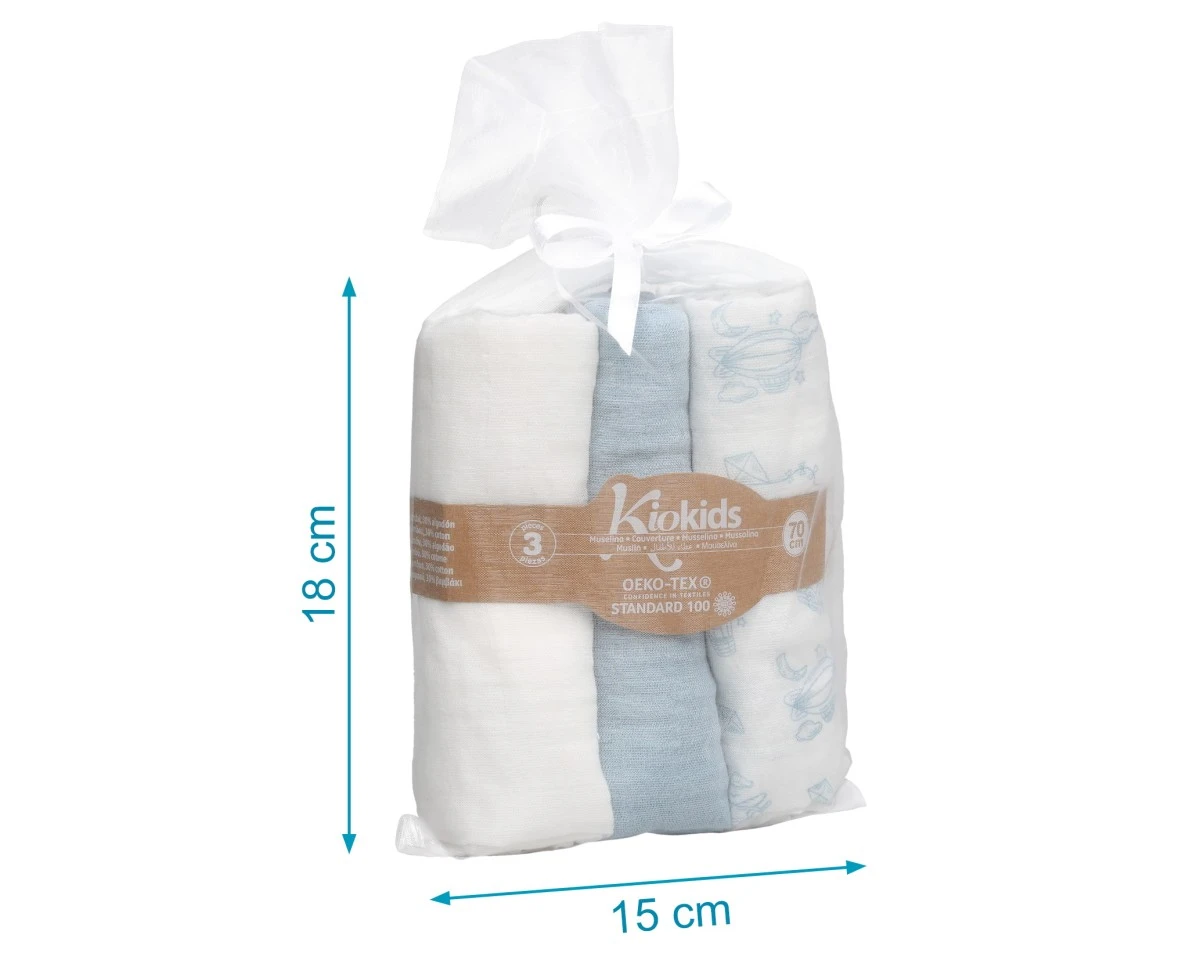 Conjunto de 3 musselinas azul, 70x70