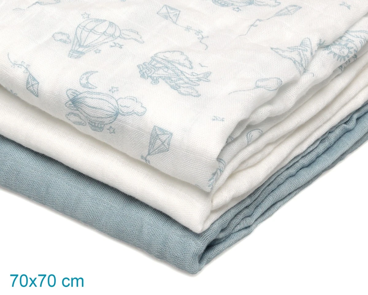 Conjunto de 3 musselinas azul, 70x70