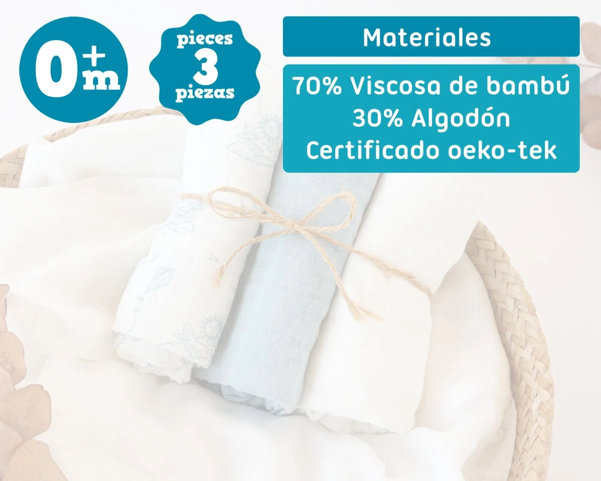 Conjunto de 3 musselinas azul, 70x70