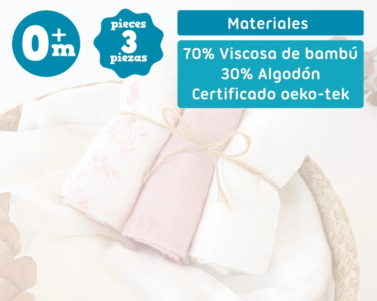 Conjunto de 3 musselinas rosa, 70x70