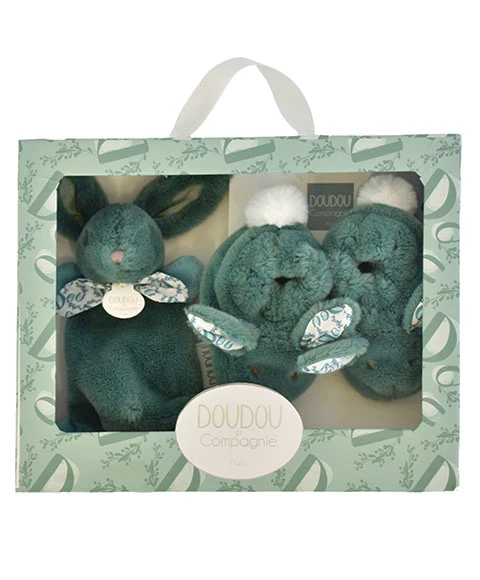 Conjunto de presente com pantuflas e peluche verde